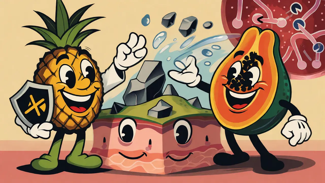 Ananas e papaia antropomorfi in stile cartoon vintage rimuovono delicatamente le cellule morte dalla pelle senza attrito meccanico.