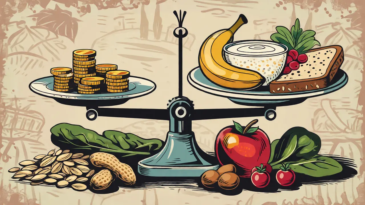 Bilancia stilizzata che confronta monete e cibo sano ed equilibrato