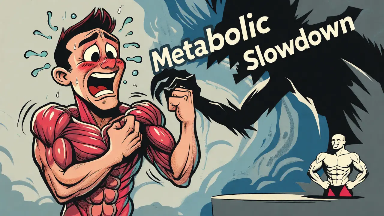 Cartoon retrò che mostra la perdita muscolare da dieta drastica