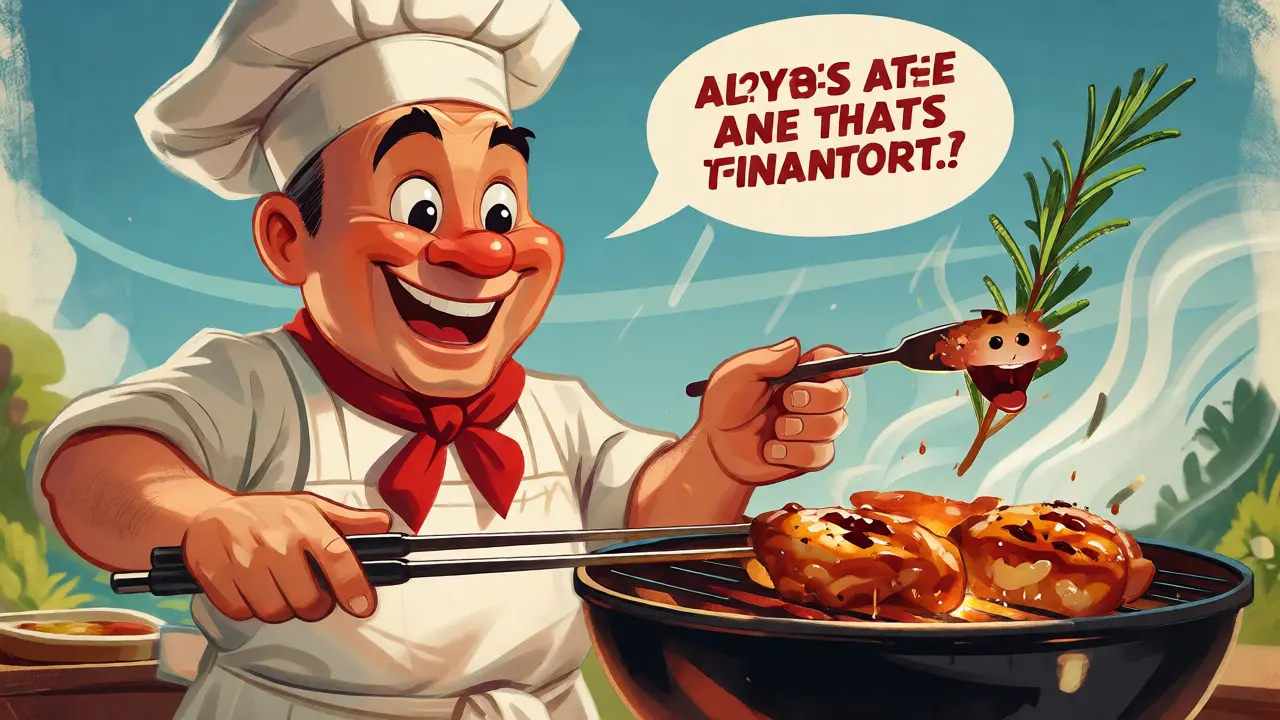 Chef cartoon che griglia pollo con rosmarino parlante all'aperto