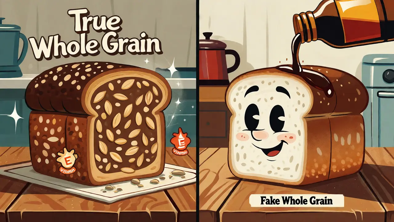 Comparison between true whole grain bread and fake colored bread in vintage cartoon style