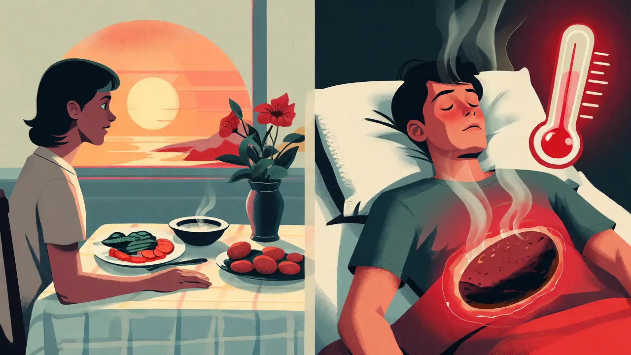 Confronto cartoon tra cena leggera al tramonto e pesantezza notturna