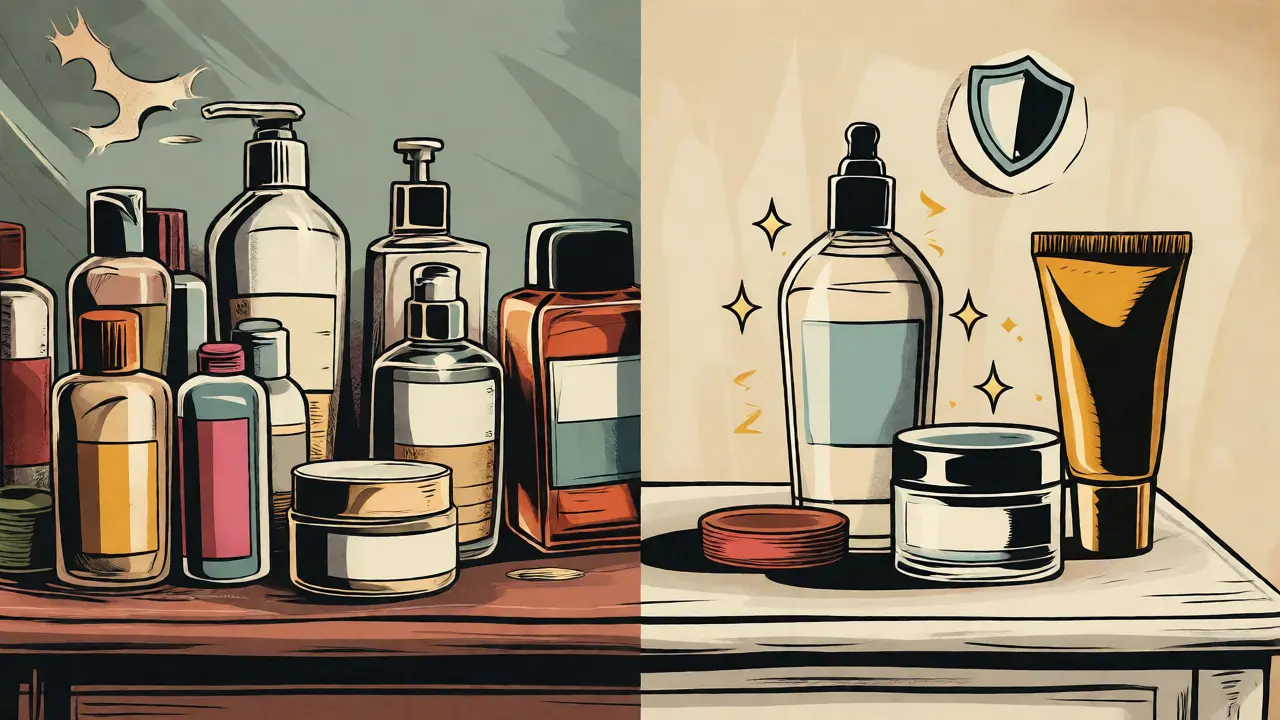 Confronto visivo tra routine skincare caotica e minimalista protettiva