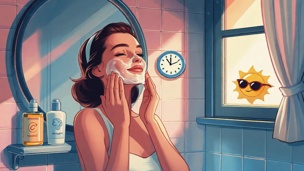 Donna applica un trattamento enzimatico serale in bagno retrò, seguita da sieri e crema, illustrato in stile cartone animato classico.