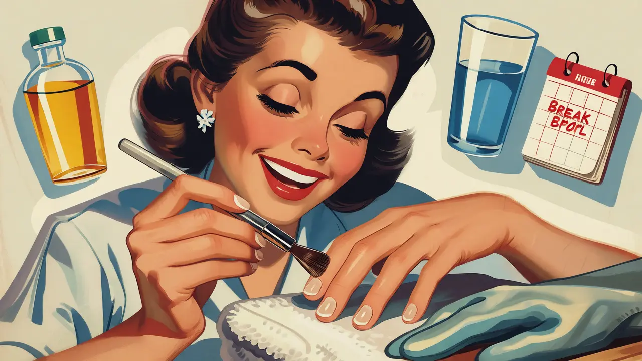 Donna che applica smalto indurente con cura in stile cartone animato retrò