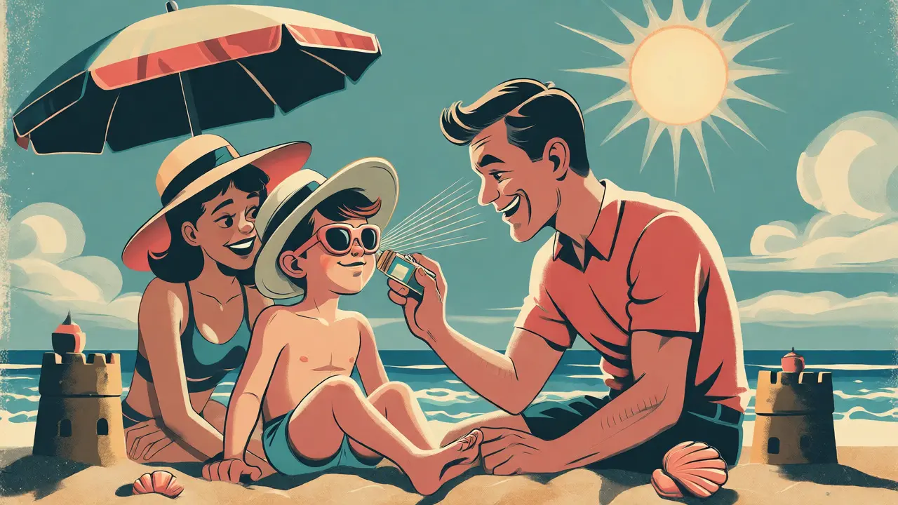 Famiglia al mare: un padre riapplica il protettivo solare sul naso e le orecchie del figlio sotto l'ombrellone.