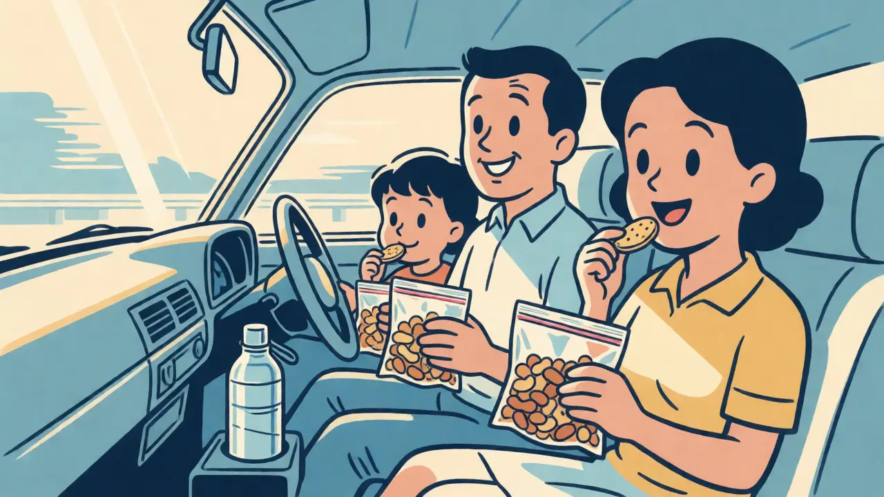 Famiglia felice che mangia snack sani in auto sotto il sole in stile cartone animato