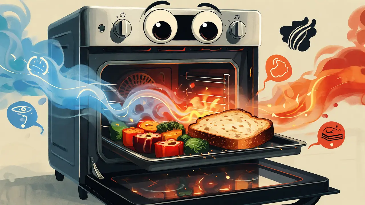 Forno cartoon magico che cuoce pane e verdure con vapore e aria