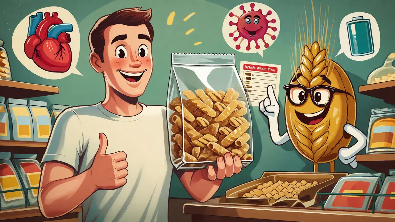 Healthy person choosing authentic whole grain pasta with helpful wheat character