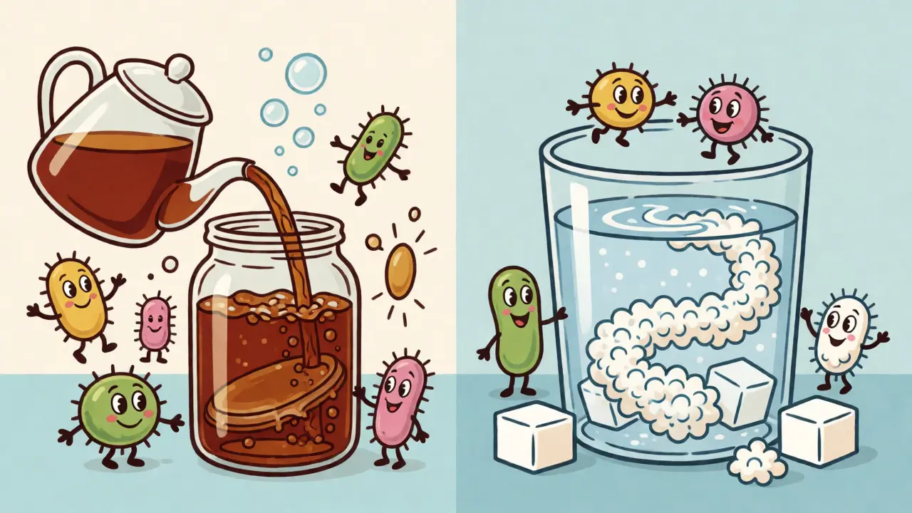 Illustrazione cartoon che confronta la fermentazione del tè con quella dell'acqua zuccherata.