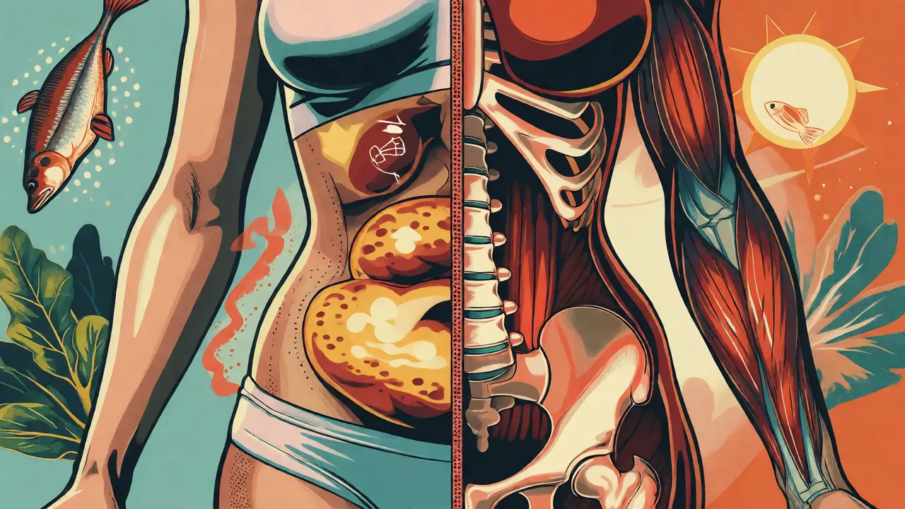 Illustrazione stilizzata del metabolismo e delle ossa in menopausa