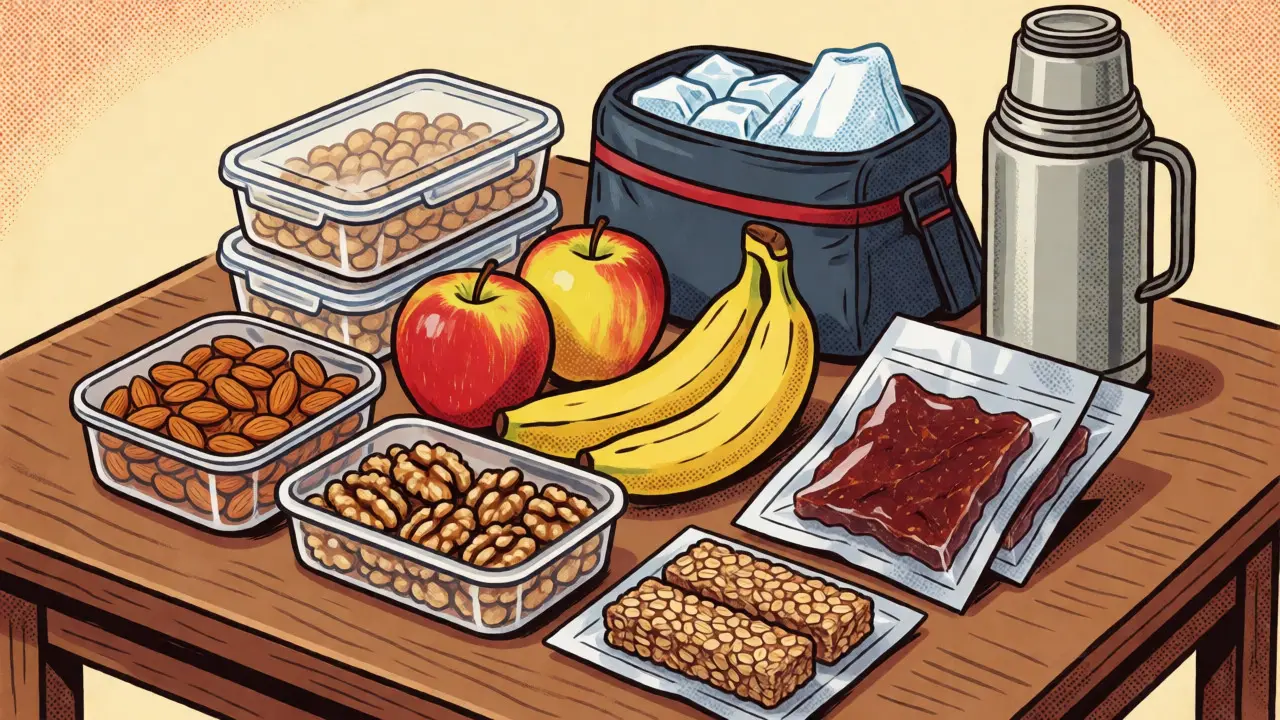 Kit da viaggio ordinato con frutta secca, barrette e borsa termica in stile illustrativo