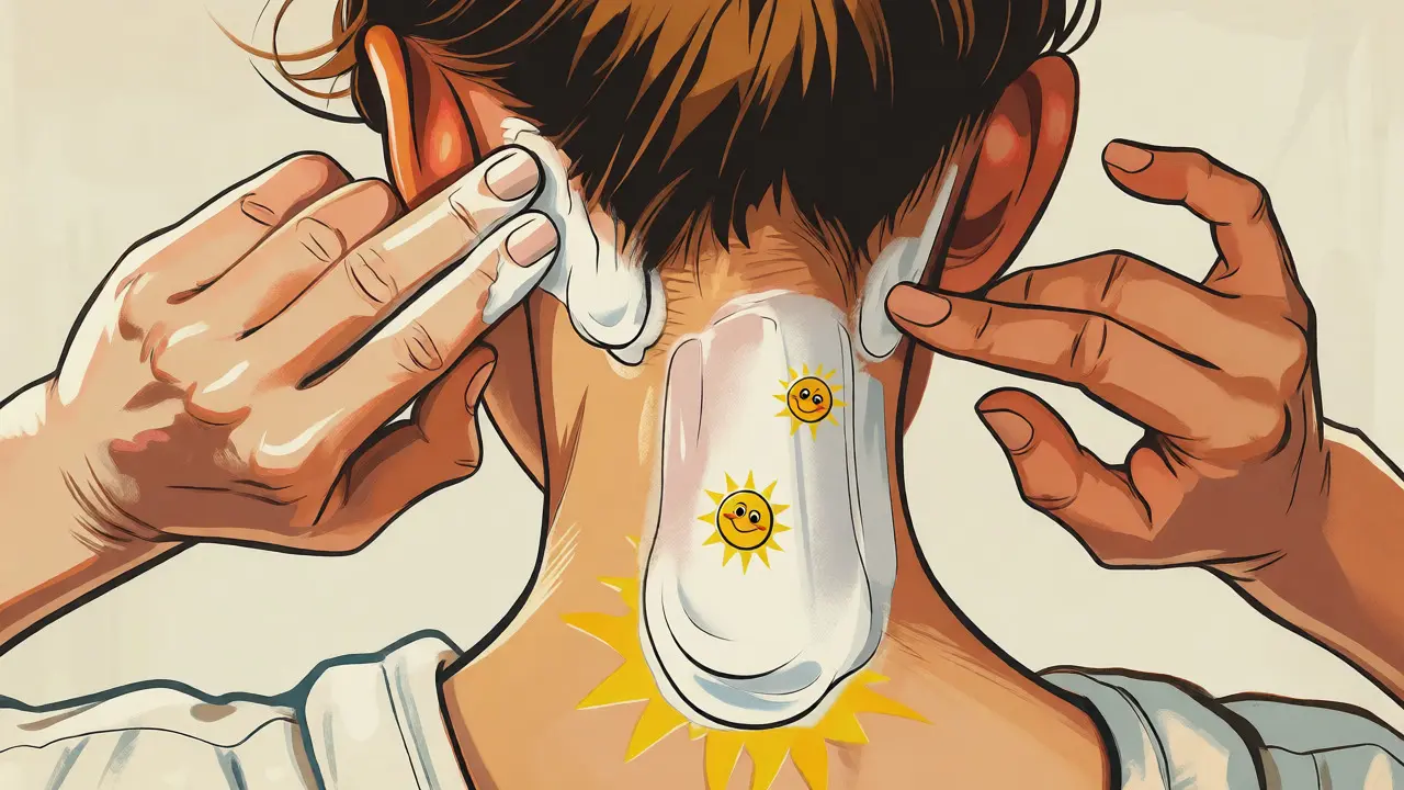 Mani che applicano crema solare su orecchie e collo in stile cartone animato