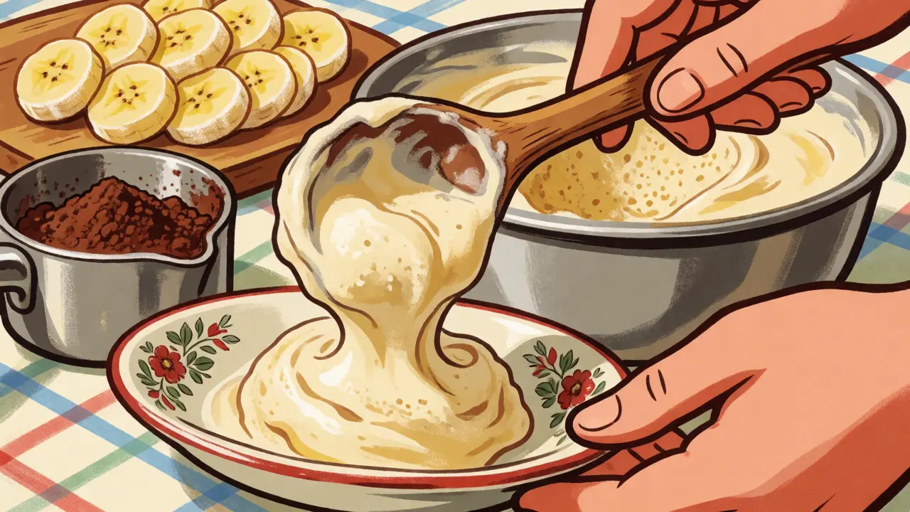 Mani che servono gelato cremoso alla banana e cacao