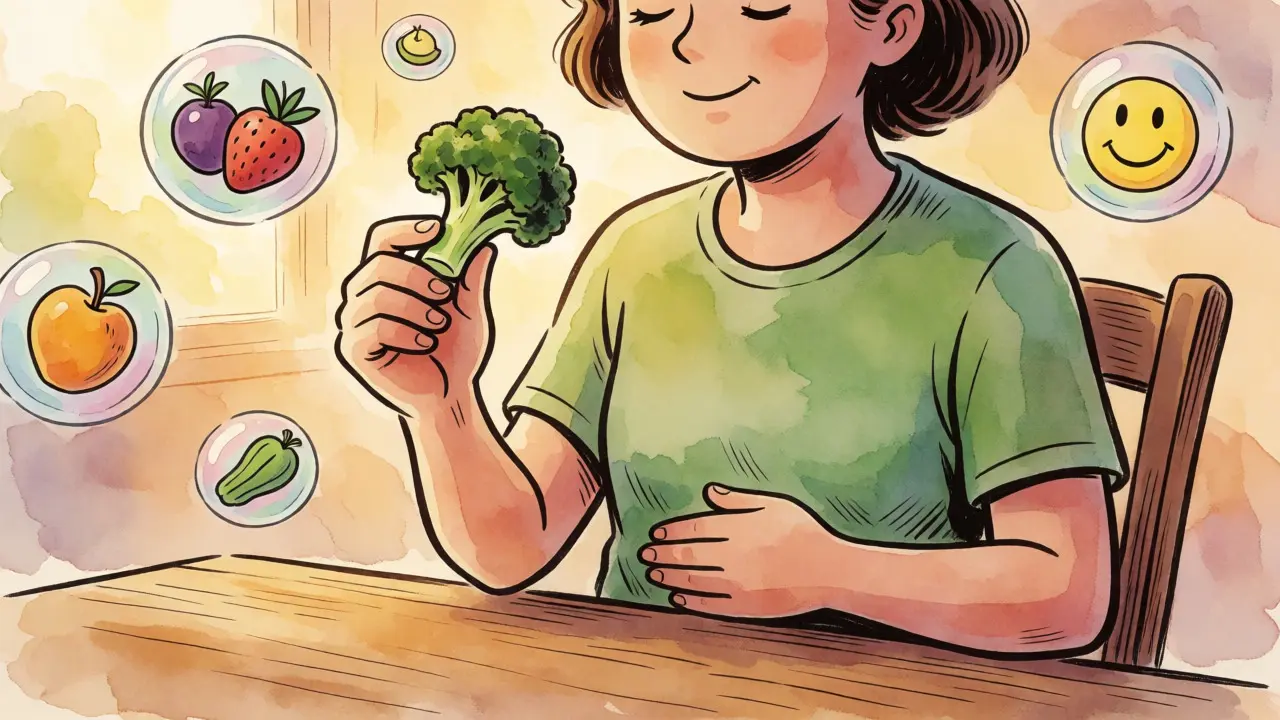 Persona in stile cartoon vintage che gusta lentamente un broccolo con calma e consapevolezza.