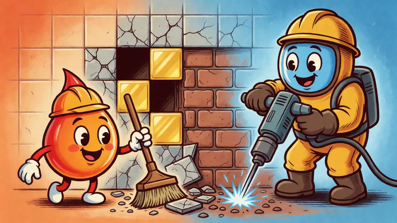 Personaggi cartoon che rimuovono strati di pelle per rivelare una nuova texture cutanea.