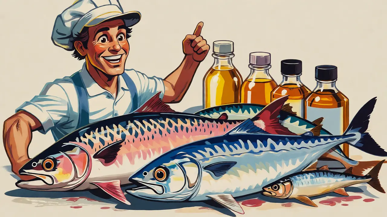 Pesce fresco e integratori di olio rappresentati in stile cartone animato retrò