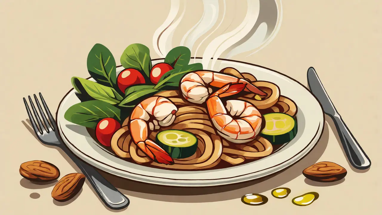 Piatto di pasta integrale con zucchine e gamberetti in stile cartone animato