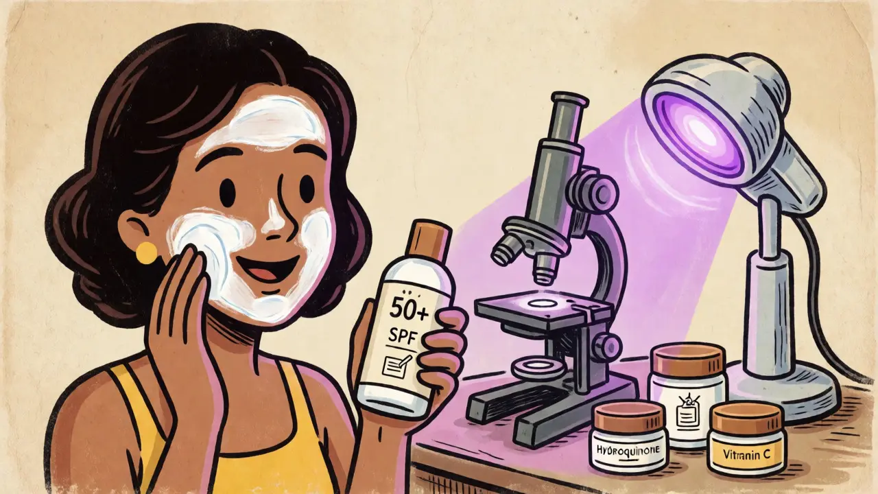 Routine di trattamento del melasma con crema solare e strumenti dermatologici