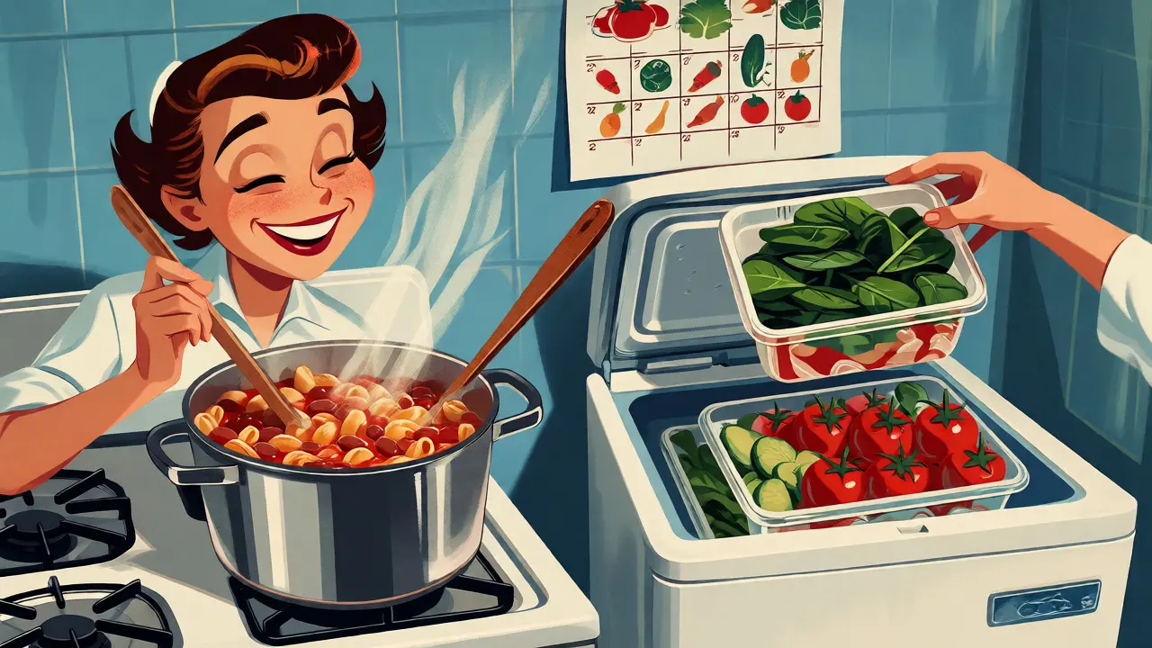 Scena di cucina vintage con cottura in lotti e surgelati organizzati