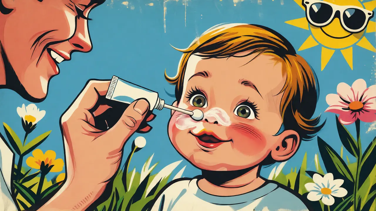 Un genitore applica con cura la crema solare minerale sul viso di un bambino in stile cartone animato.