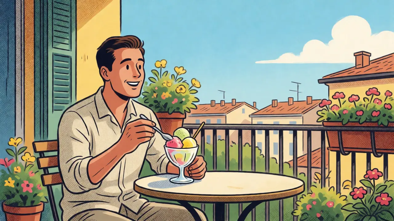 Uomo gustosa un sorbetto al limone su un balcone estivo