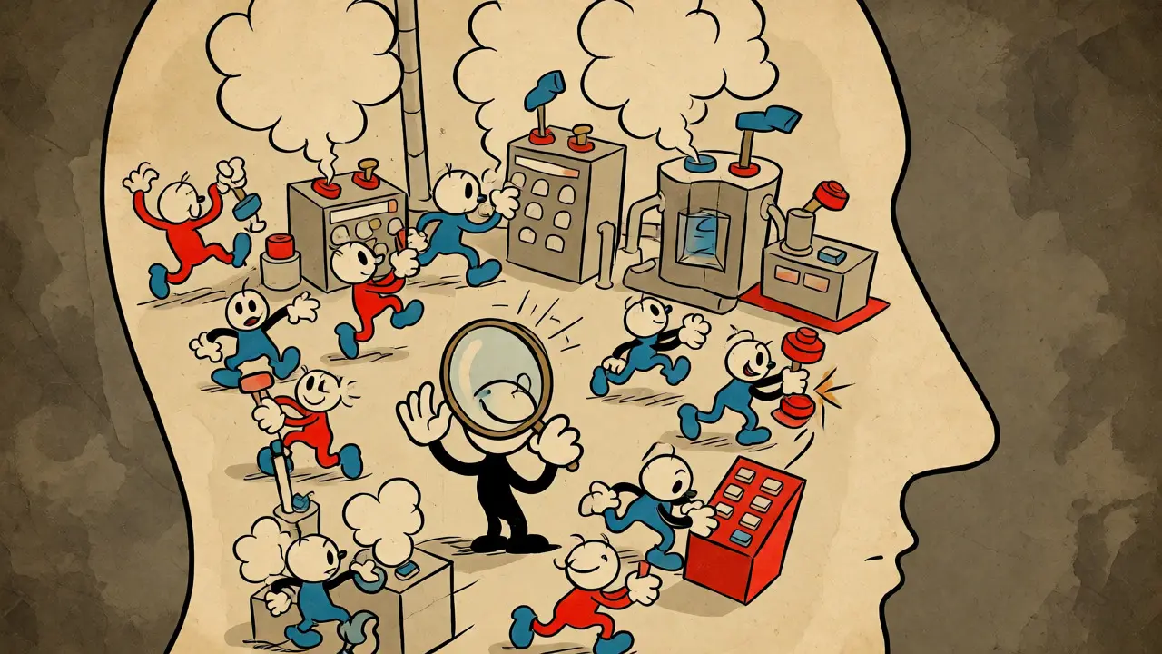 Cartoon vintage dei meccanismi biologici della fame sotto controllo consapevole