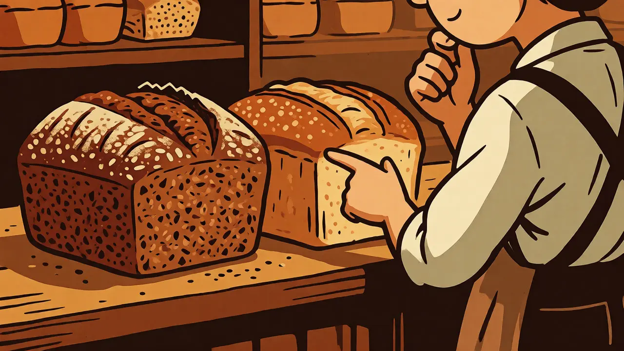 Cliente che sceglie tra due tipi di pane al bancone di una panetteria retrò