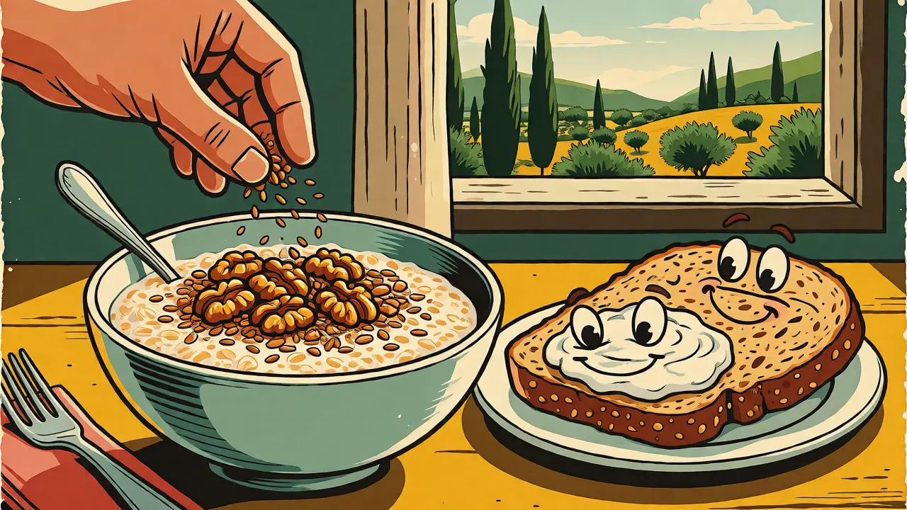Colazione sana con avena, noci e semi su un tavolo rustico con vista sul paesaggio italiano.
