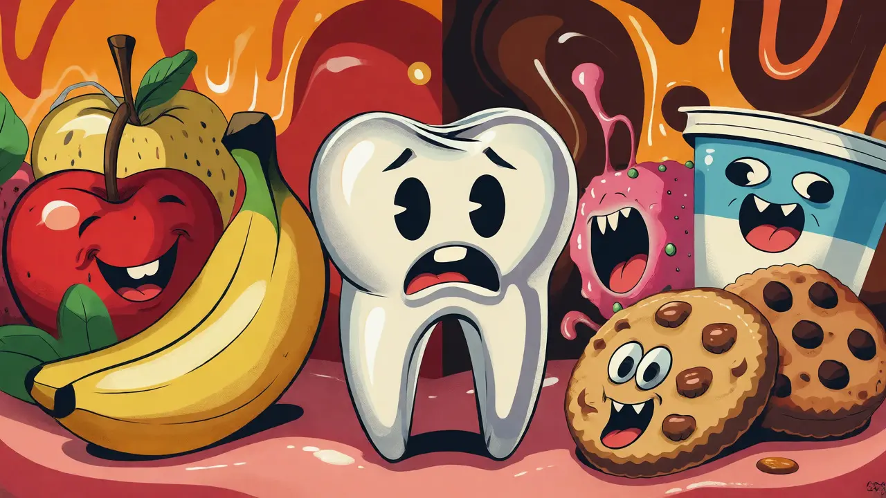 Confronto cartoon tra frutta sana e snack zuccherati che attaccano i denti