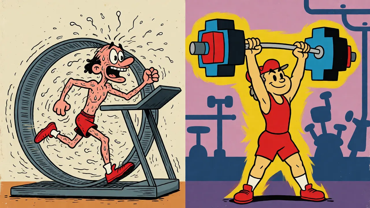 Confronto tra cardio caotico e allenamento con pesi strutturato in stile cartoon.