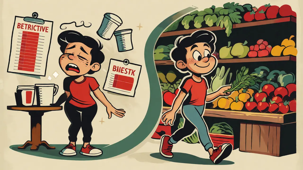 Confronto tra stress da dieta rigida e serenità nell'alimentazione consapevole al mercato.