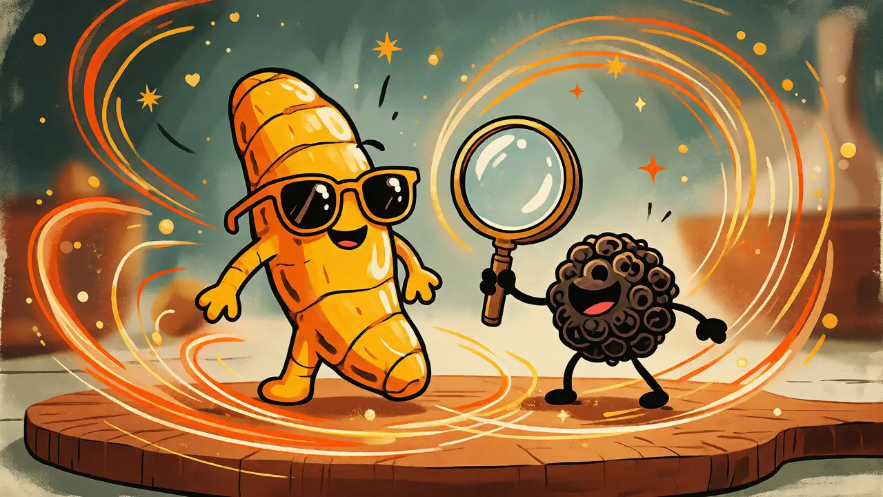 Curcuma e pepe nero animati che interagiscono