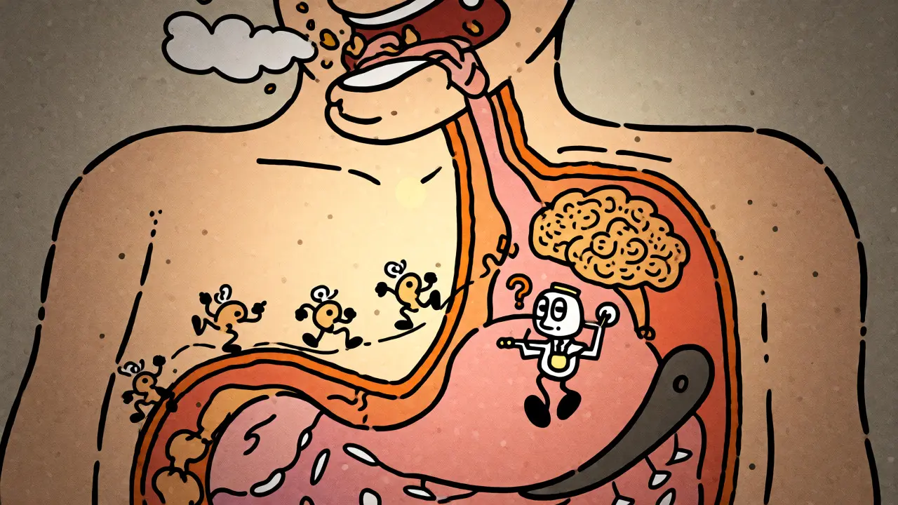 Diagramma stilizzato del ritardo dei segnali di sazietà dallo stomaco al cervello