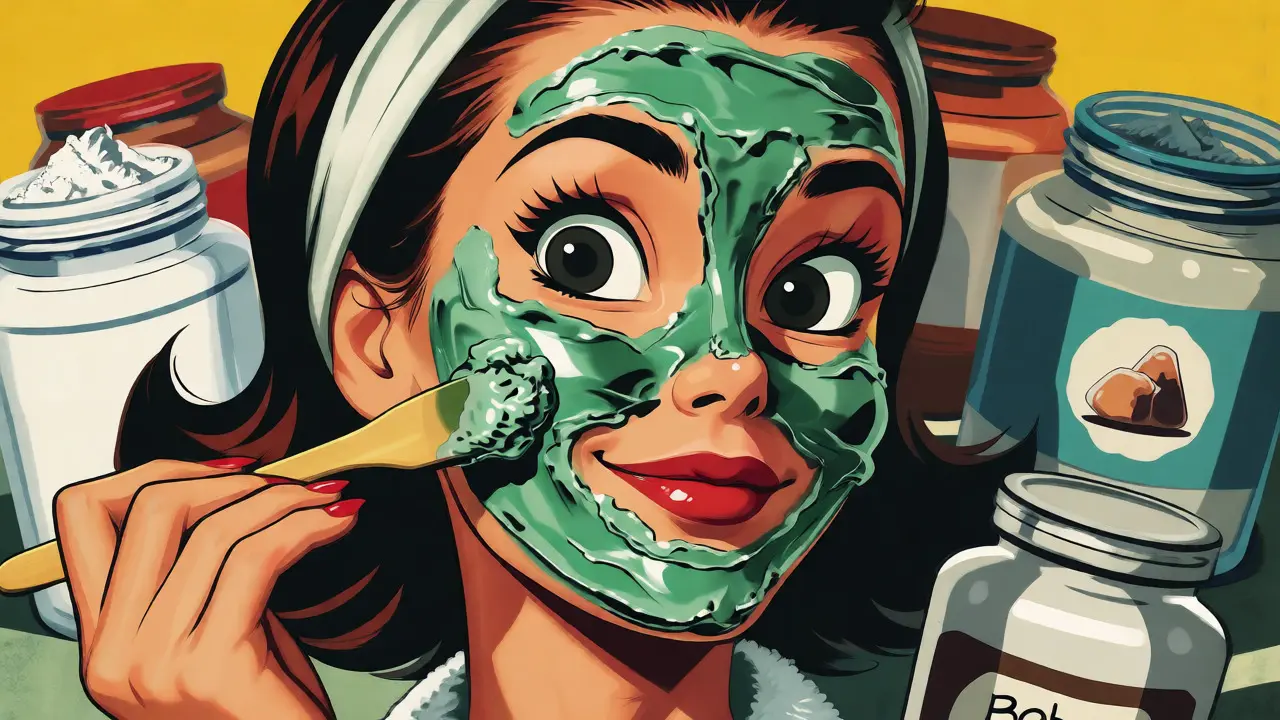 Donna che applica una maschera all'argilla verde sul viso in stile cartoon retrò