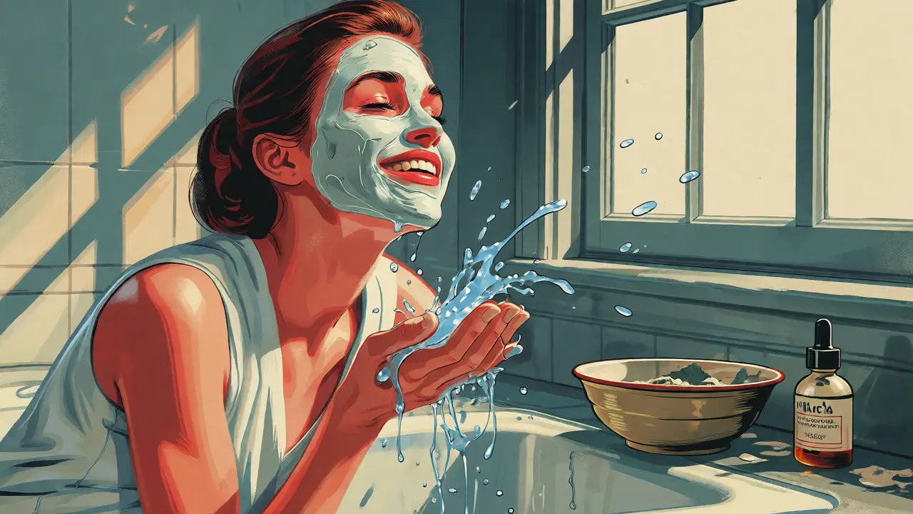 Donna che sciacqua la maschera al lavandino con espressione soddisfatta