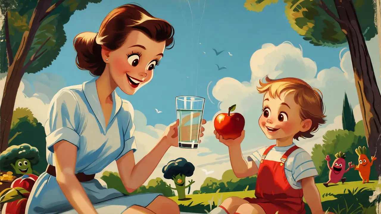 Famiglia felice che sceglie acqua e frutta intera durante un picnic