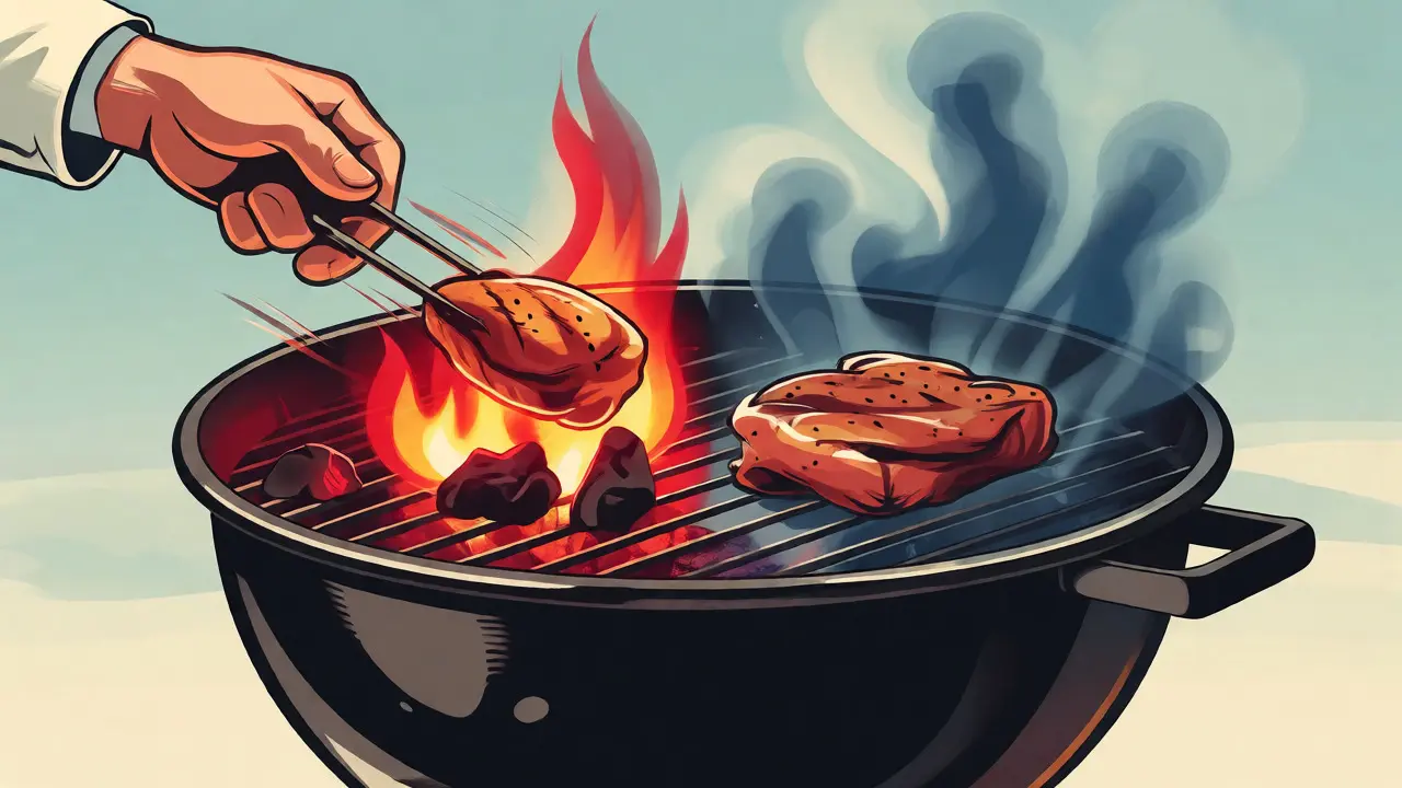 Grafica retrò che mostra la tecnica delle due zone su un barbecue, separando calore diretto e indiretto.