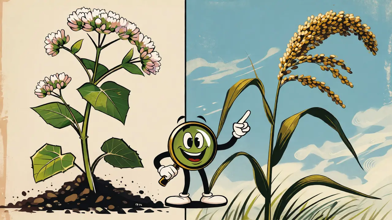 Illustrazione botanica stilizzata che confronta piante di grano saraceno e miglio