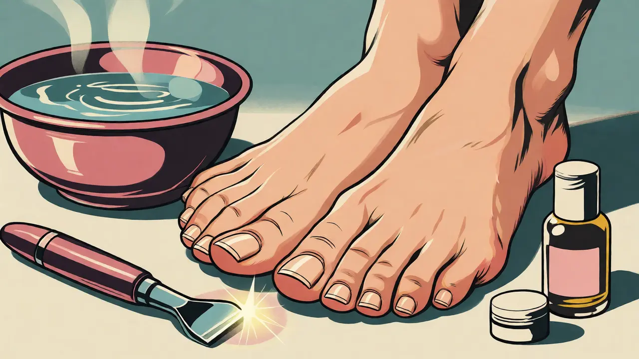 Illustrazione vintage di piedi con unghie dritte e prodotti per la cura