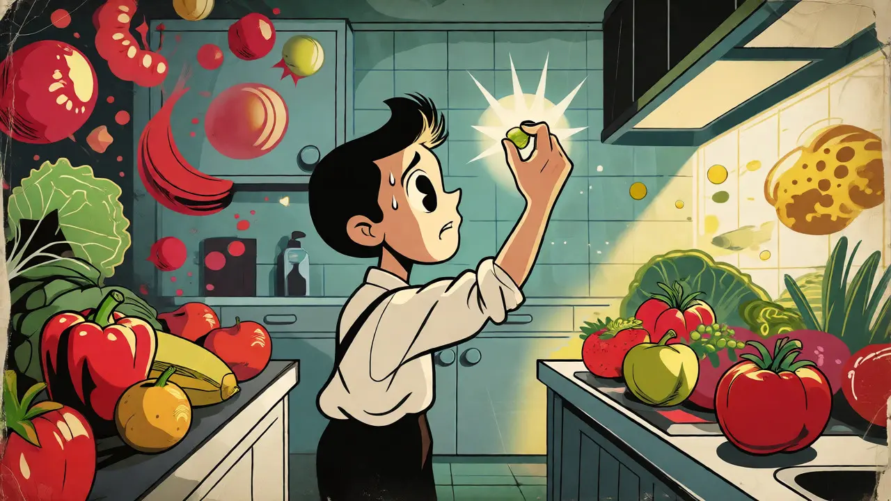 Illustrazione vintage di una persona che ispeziona un frutto con ossessione per la purezza