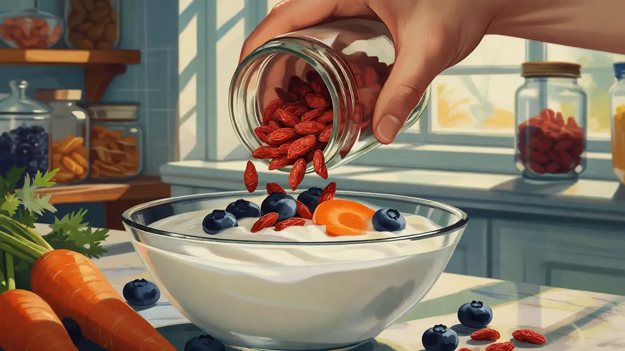 Mano che versa bacche di goji nello yogurt con mirtilli e carote in cucina luminosa.