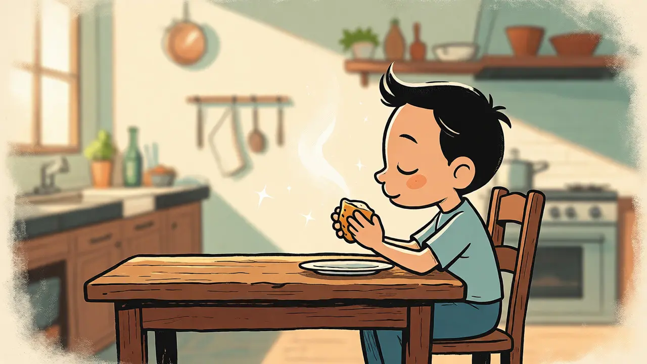 Persona calma che pratica il mangiare consapevole godendosi il sapore del cibo