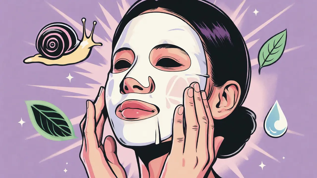 Persona con maschera in tessuto e icone degli ingredienti coreani