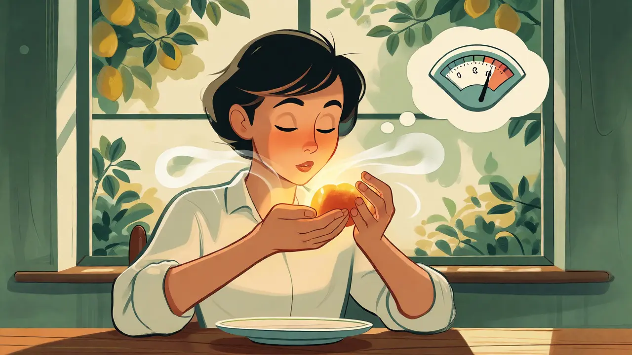 Persona serena che osserva il cibo con consapevolezza in una cucina luminosa.