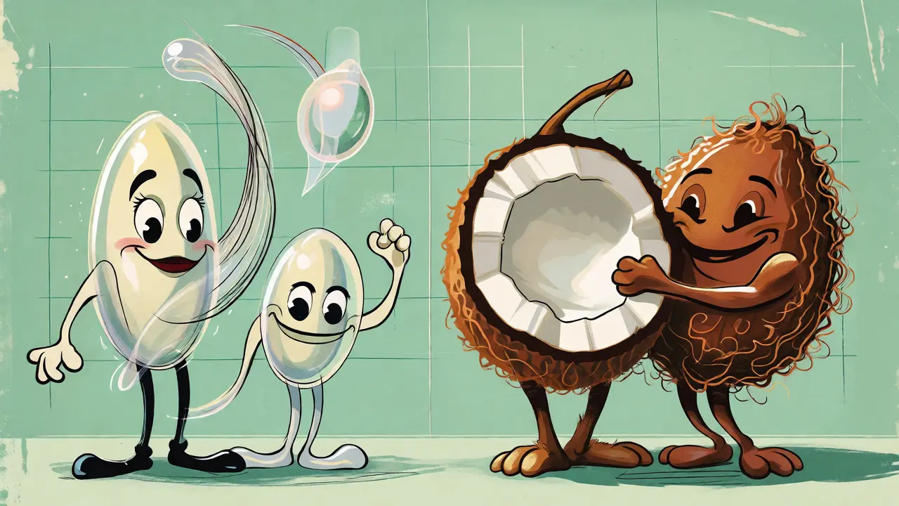 Personaggi cartoon di Jojoba leggeri e Cocco denso che interagiscono con diversi tipi di capello.