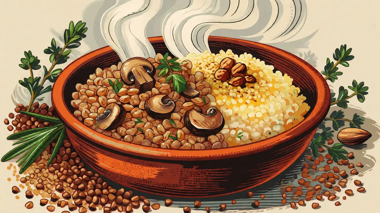 Piatto fumante di grano saraceno ai funghi e polenta di miglio