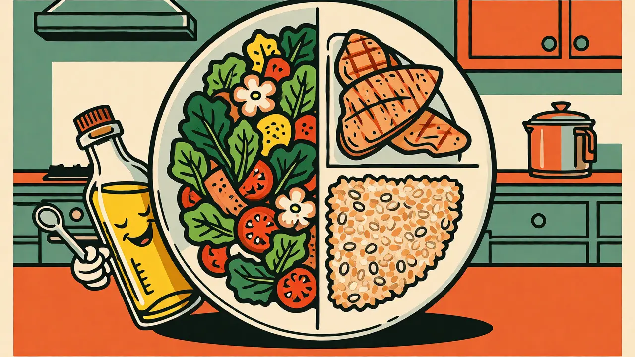 Piatto sano illustrato in stile cartone animato retrò con verdure, proteine e cereali integrali.
