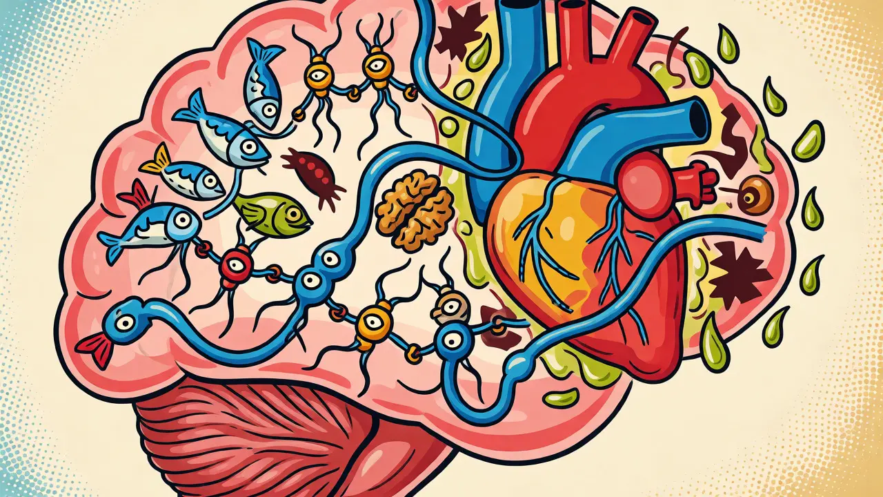 Rappresentazione stilizzata del cervello e del cuore protetti da acidi grassi omega-3, noci e pesce.
