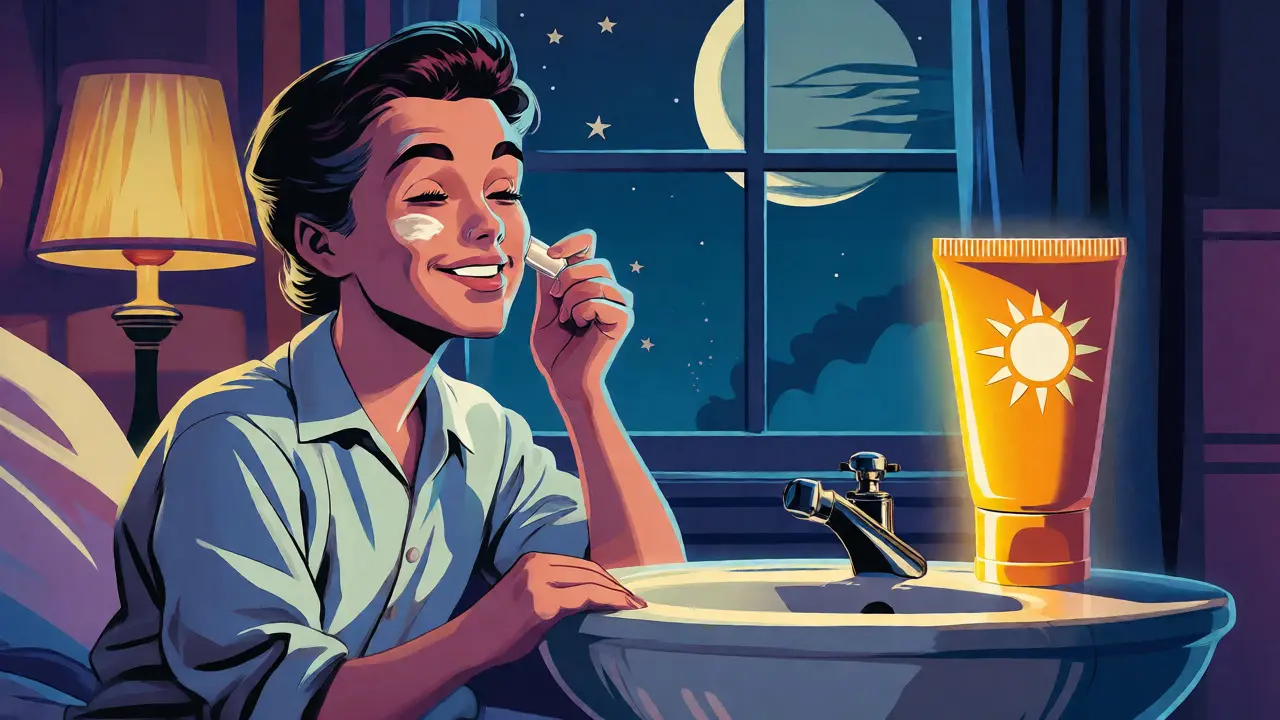 Routine serale di skincare con crema solare in evidenza sotto la luna